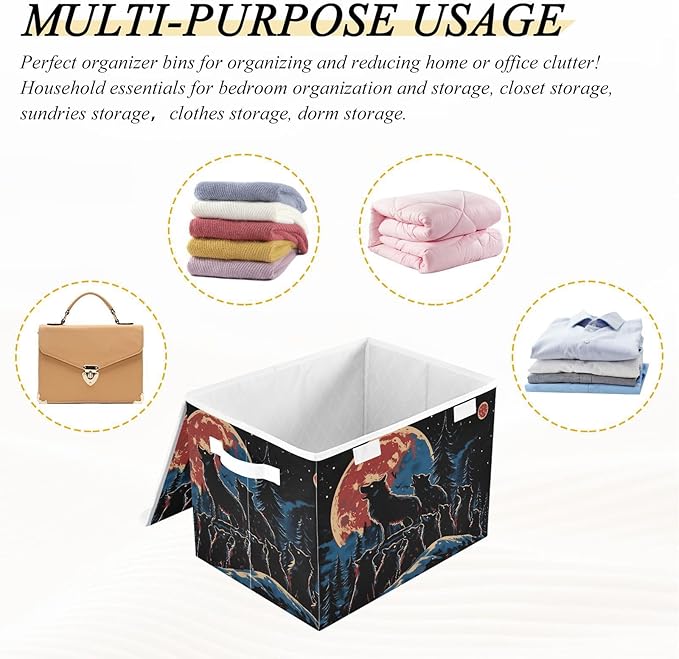 Wolf Packs Storage Cube Bins Basket with Lid Collapsible Flip-top Fabric with Handle for Home Bedroom Closet Office 16.5×12.6×11.8 in