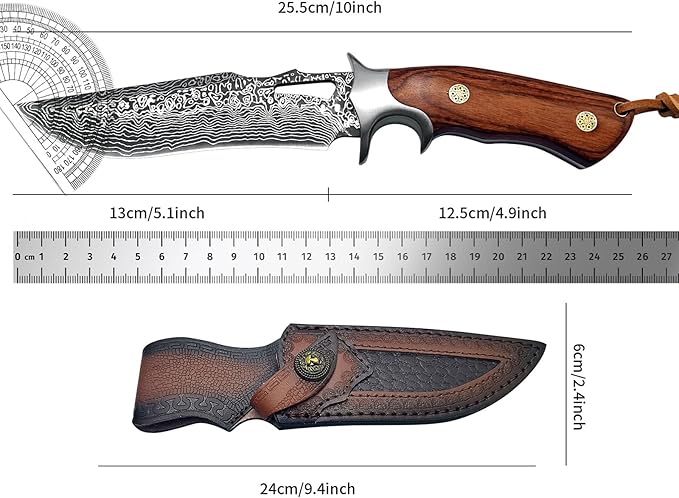 Fixed Blade Hunting Knife with Leather Sheath - 10 Full Tang Stainless Steel Camping Knife with Ergonomic Wood Handle &amp Damascus Pattern - Sharp Outdoor Survival Tool for Hiking Bushcraft Fishi