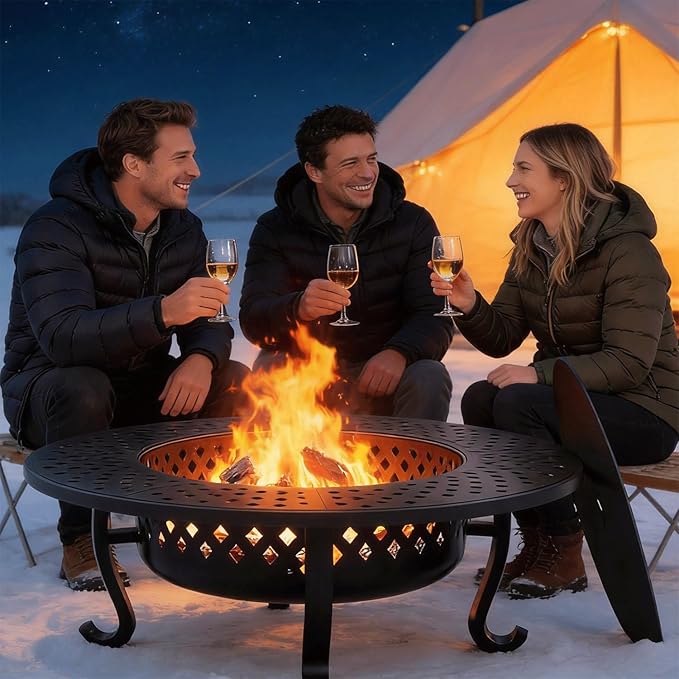 43 Inch Fire Pit with 2 Grill Outdoor Wood Burning Firepit with Lid Metal Round Table for Backyard Patio Garden Picnic Camping Bonfire