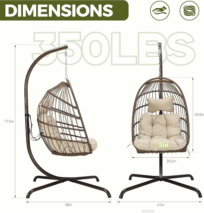 RADIATA Wicker Egg Swing Chair with Stand for Outside Outdoor Comfy Hanging Egg Patio Chairs with Thick Cushion 350Lbs Durable Swinging Rattan Chair for Bedroom Porch Backyard Balcony Brown Tan