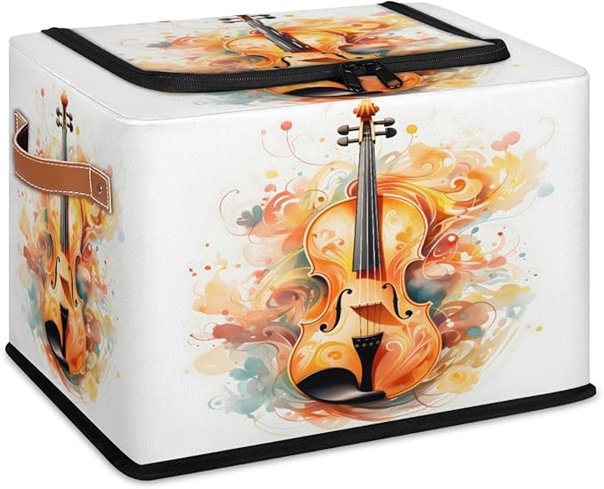 Music Violin Storage Box with Lid Watercolor Instrument Collapsible Storage Bins Baskets Cubes Closet Shelf Clothes Organizer Containers with PU Leather Handles