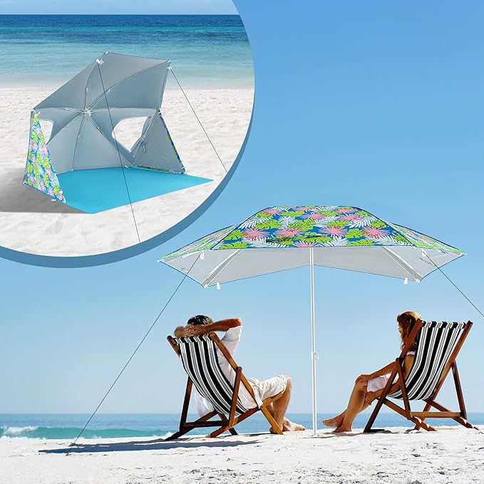 Tangkula Beach Tent for 2-4 People 2-in-1 Beach Tent Sun Shelter with Extendable Floor Roll-Up Windows UPF50+ Easy Setup Beach Umbrella for Shade Pool Backyard Camping