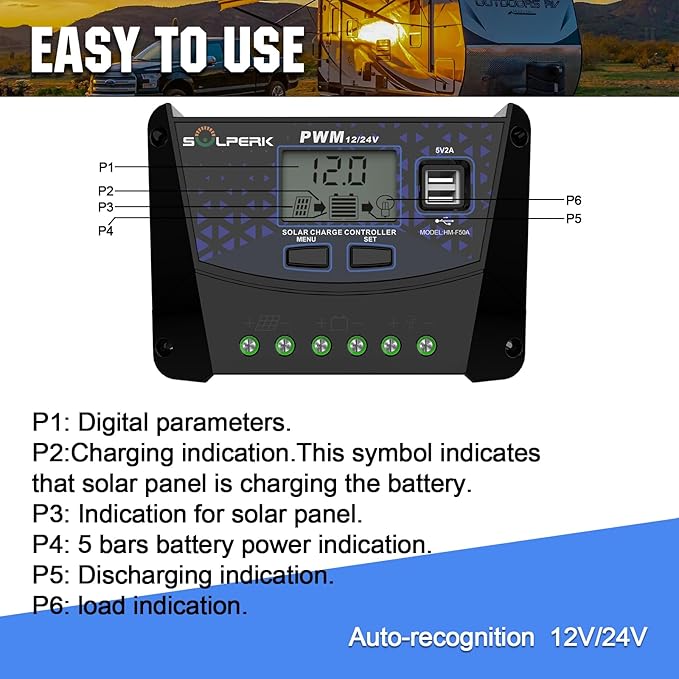 SOLPERK 50A Solar Charger Controller 12V 24V Auto Solar Panel Battery Intelligent Regulator with Dual USB Port PWM Controller for Gel AGM Lead-Acid Lithium LiFePO4 Battery (50A)