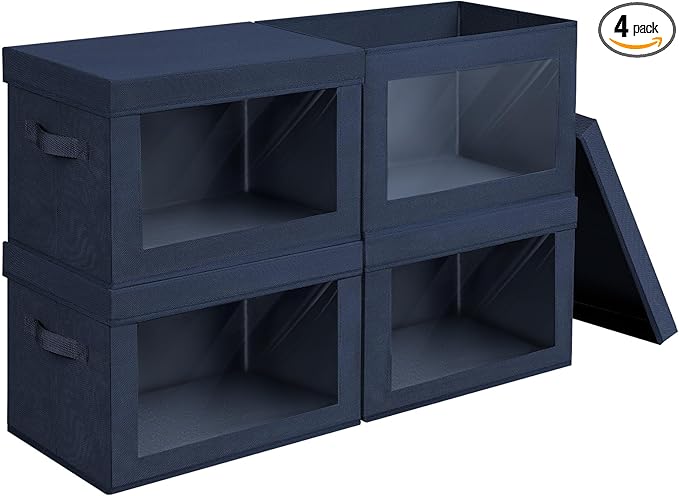 Homsorout Organizing Bins with Lid - 4 Pack Foldable Clear Window Storage Bins Large Storage Boxes with Handles Storage Containers for Clothes Towel Blanket Sheet Navy Blue