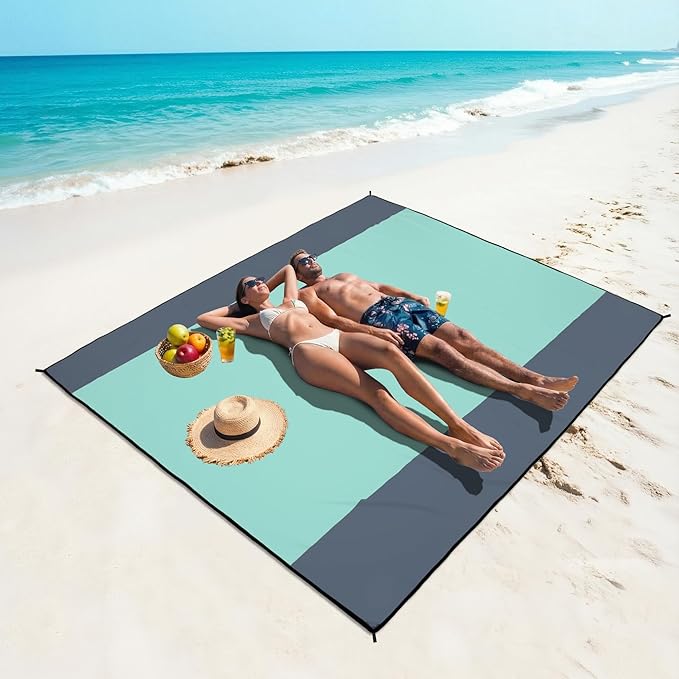 WIWIGO Beach Blanket Waterproof Sandproof Beach Mat 79 X 83/10'x9'for 2-8 Adults Quick Drying Outdoor Picnic Mat Beach Accessories for Travel Camping Hiking
