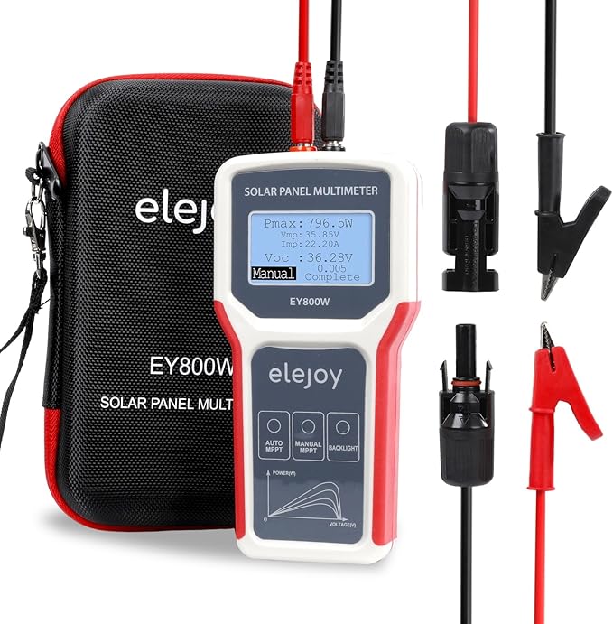 800W Solar Panel Tester Digital PV Multimeter with Smart MPPT Tracer 12-60V Voc 0-35A Isc Battery-Free with LCD Display MC4 &amp Alligator Clips EVA Case for Solar Power Test
