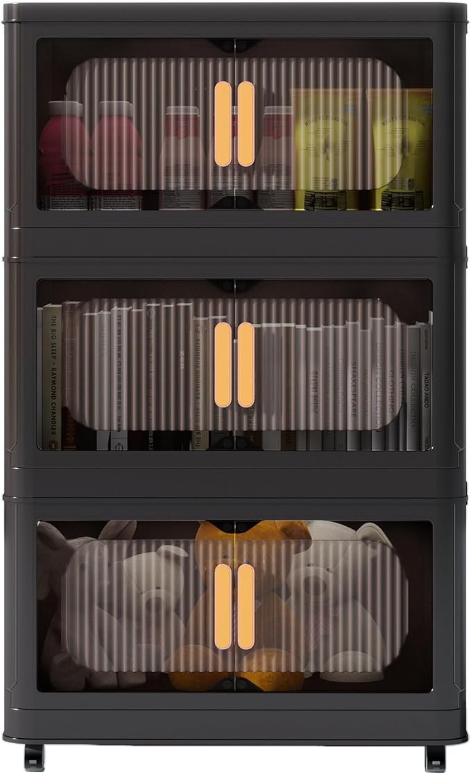 20 Side Wide Folding Storage Cabinet - Black 3-Tier Collapsible Storage Bin with Magnetic Door and Wheels for Home Office Organization
