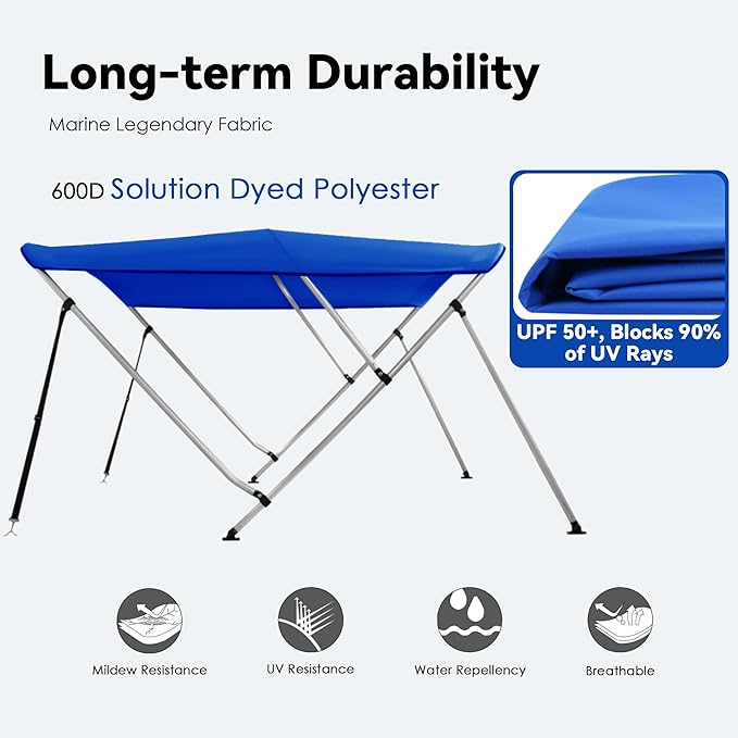 Deckpro 3 Bow / 4Bow Boat Bimini Tops 600D Solution Dyed Polyester Canopy with 1 Aluminum Alloy Frame Boat Canopy Waterproof and Sun Shade Includes Storage Boot 2 Support Poles 2 Straps