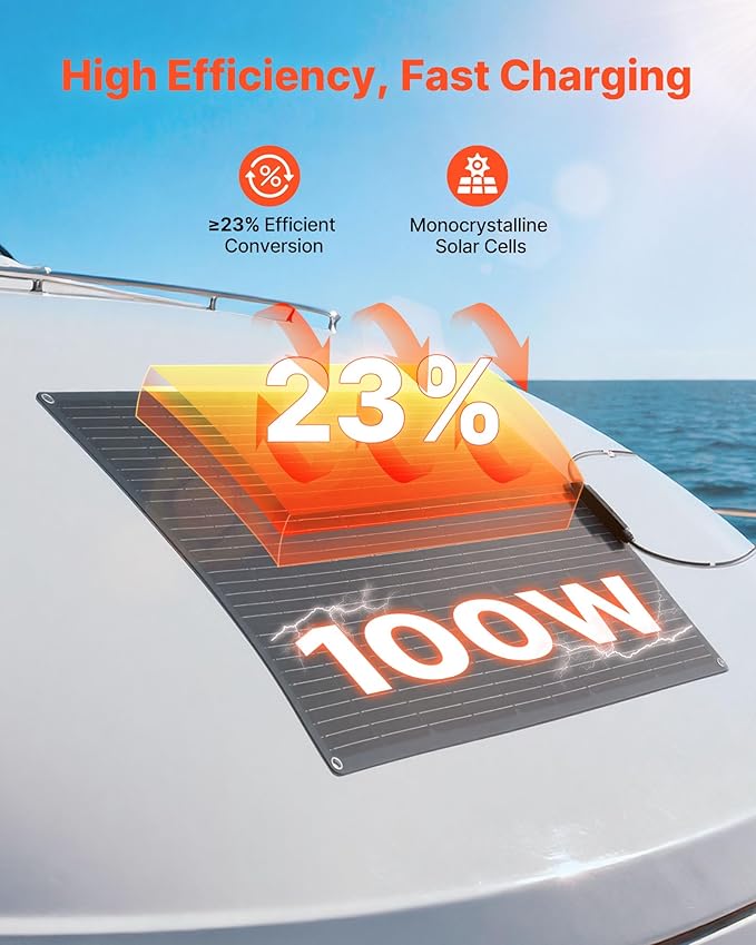 VEVOR Flexible Solar Panel 100W Semi-Flexible Bendable Monocrystalline Solar Panel 23% Efficiency Mono Off-Grid Charger with MC4 Output IP67 Waterproof for Marine RV Car Cabin Curved Surfaces