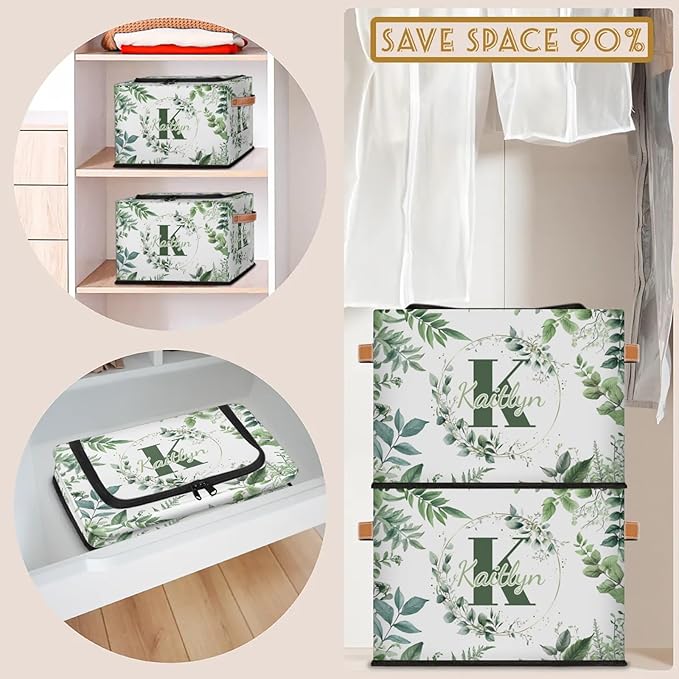 Personalized Eucalyptus Initials Storage Bins with Zipper Lid Custom Fabric Storage Boxes Foldable Closet Organizers Cubes for Clothes Shelves Home Decorative 2PCS Sage Green