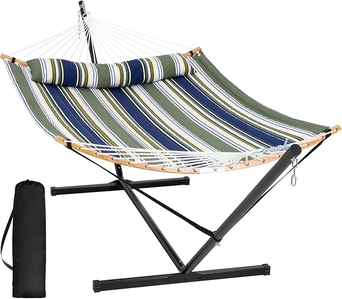 SUNCREAT Hammocks for Outside with Stand Included Double Hammock with Curved Spreader Bar Carrying Bag Dark Green Stripes