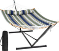 SUNCREAT Hammocks for Outside with Stand Included Double Hammock with Curved Spreader Bar Carrying Bag Dark Green Stripes