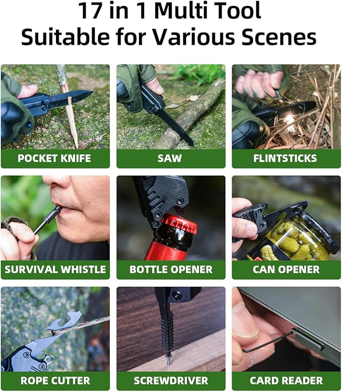 Multitool Knife 17 in 1Fire Starting Sticks Bottle Opener Saw Screwdrivers Bottle Opener Whistle Window Breaker and More -Perfect for Camping Outdoor Survival and Everyday UseGifts for Men Dad