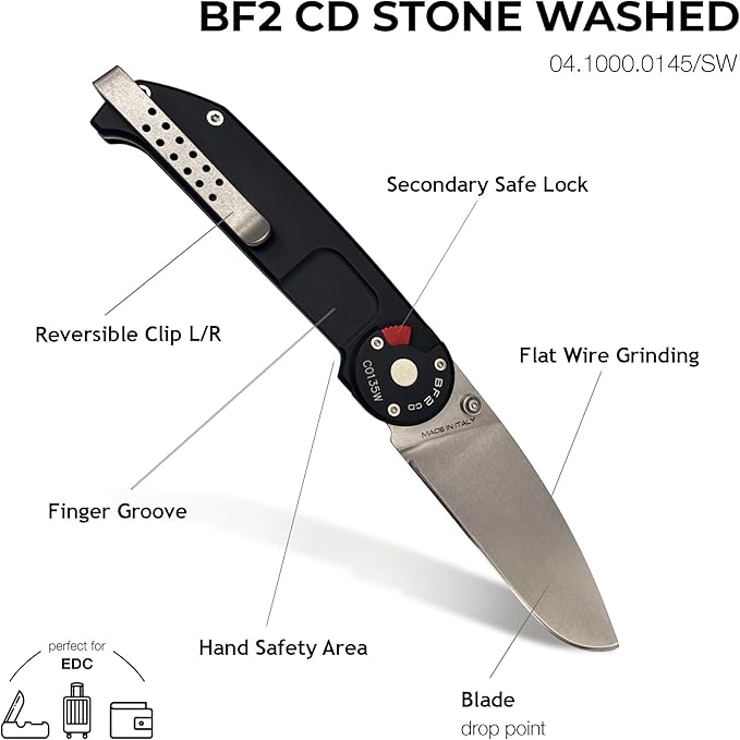 Extrema Ratio - BF2 CD (STONE WASHED) Folding Knife Böhler N690 steel blade hardened to 58 HRC stone-washed finish anticorodal aluminum handle reversible clip Italian handcrafted precision