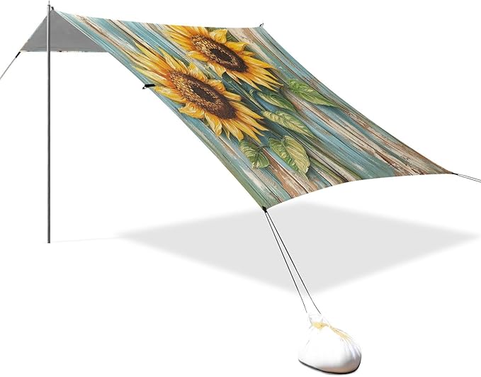 ALAZA Yellow Sunflowers on Board Beach Tent Sun Shelter UPF50+ Protection Beach Shade Canopy w/ 4 Sandbags for Outdoor Camping Fishing Backyard Fun Picnic 10x9 ft