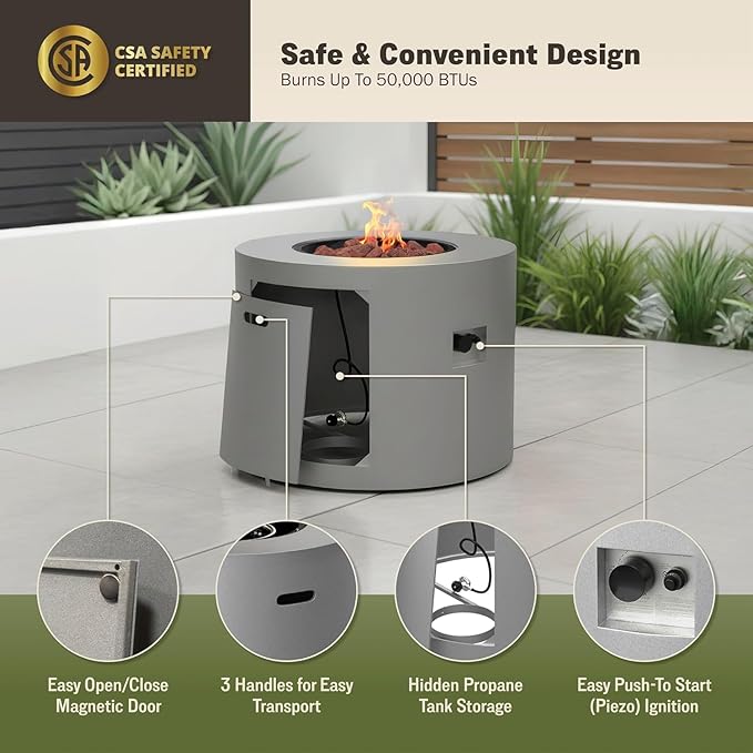 32 Smokeless Propane Fire Pit Table w/Lid Alloy Steel Round Outdoor Patio Firepit Table 50000 BTUs Lava Rocks Weatherproof Cover CSA Safety Certified for Wooden Deck Backyard and Pool