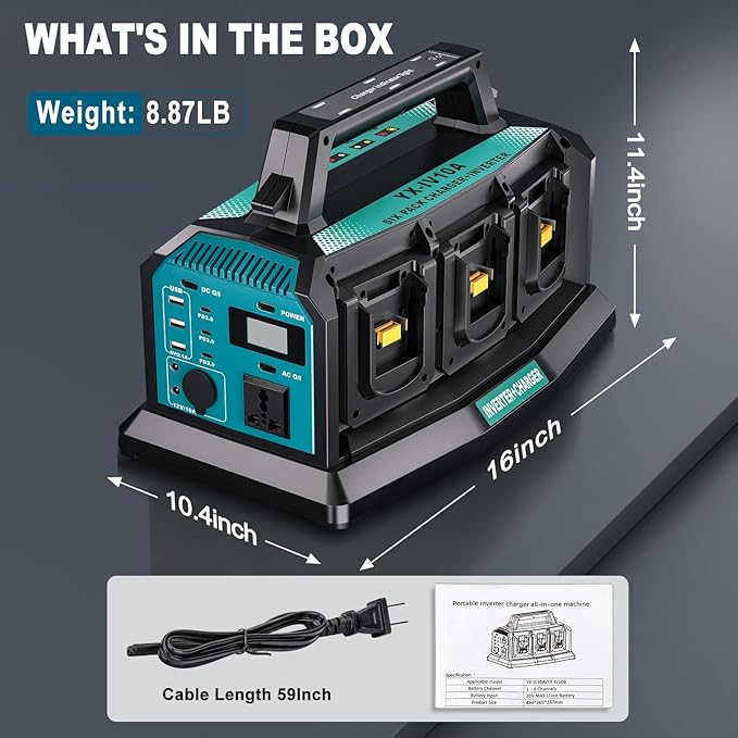 2-in-1 Portable Inverter Charger 1200W Pure Sine Wave Inverter &amp 6A Rapid Charger for Makita 18V Battery 6-Port DC to AC 120V Converter 3 USB-A + 3 USB-C 300lm LED Light for RV Camp Off-Grid