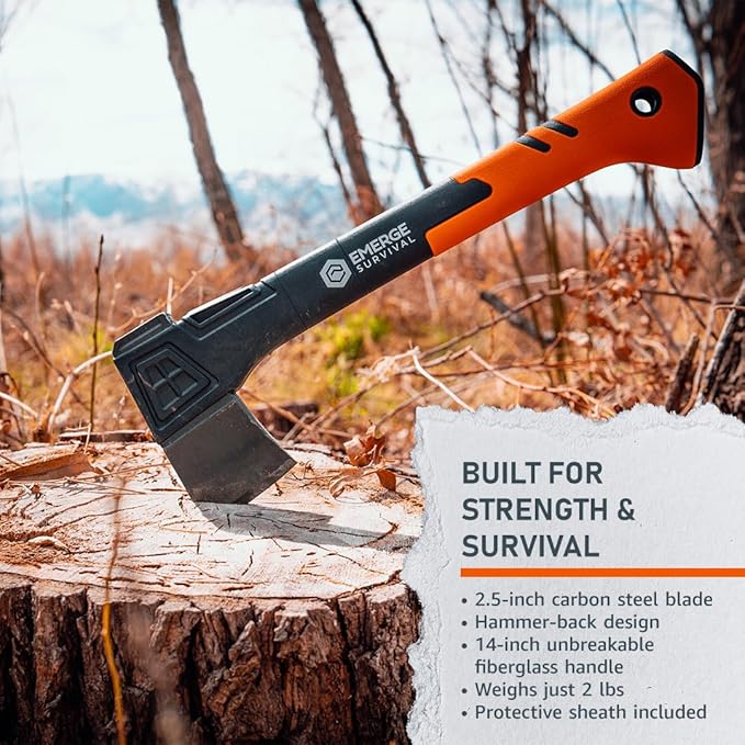 Hatchet – 14″ Lightweight Fiberglass Handle &amp Carbon Steel Survival Axe with Corrosion‑Resistant Blade Hammer‑Back Protective Sheath Outdoor &amp Emergency Prep Tool for Woodcutting