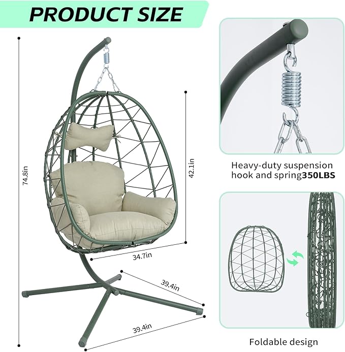 Hanging Egg Chair with Stand Outdoor Indoor Patio Rattan Swing Hammock Chairs with Washable Cushion PE Wicker Swing Chair for Backyard Bedroom Garden (Dark Green + Cyan Cushion No Footrest)