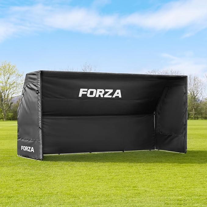 FORZA Portable Team Shelter | Durable Steel Frame Shelter for Sports Teams – Optional Benches &amp Multiple Colors (Black Shelter + 8 Seater Bench)