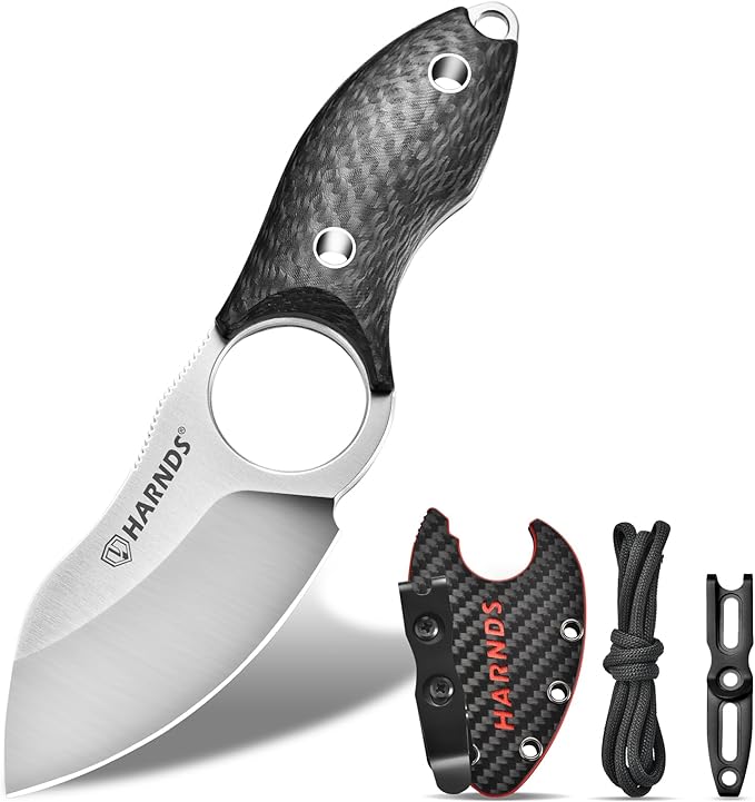 Harnds Small Fixed Blade Knife Full Tang Camping EDC with N690 Steel and Carbon Fiber Handle for Fishing and Skinning Eggplant