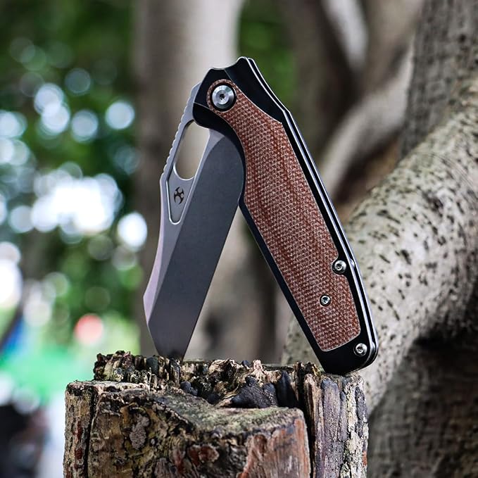 KANSEPT Tuckamore Camping Pocket Knives for Men 8.12in Folding Knives with 3.54in Stonewashed CPM 20CV Material and Black Stonewashed Titanium Brown Micarta Handle for Outdoor Tactical Survival K105