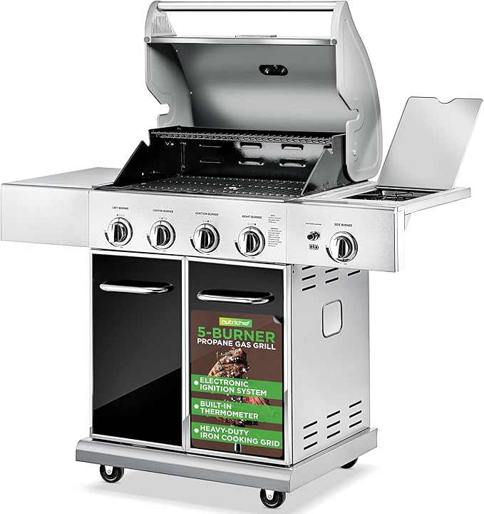 Heavy-Duty 5-Burner Propane Gas Grill - Stainless Steel Grill 4 Main Burner with 1 side burner 52000 BTU Grilling Capacity Electronic Ignition System Built-in Thermometer - NutriChef NCGRIL2
