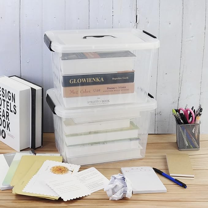 Plastic Storage Bins with Lids 6 Pack Storage Organizer 10 L Stackable Storage Bins with Buckle-Up Latches and Handle Storage Totes for Home Office Pantry Organization Clear