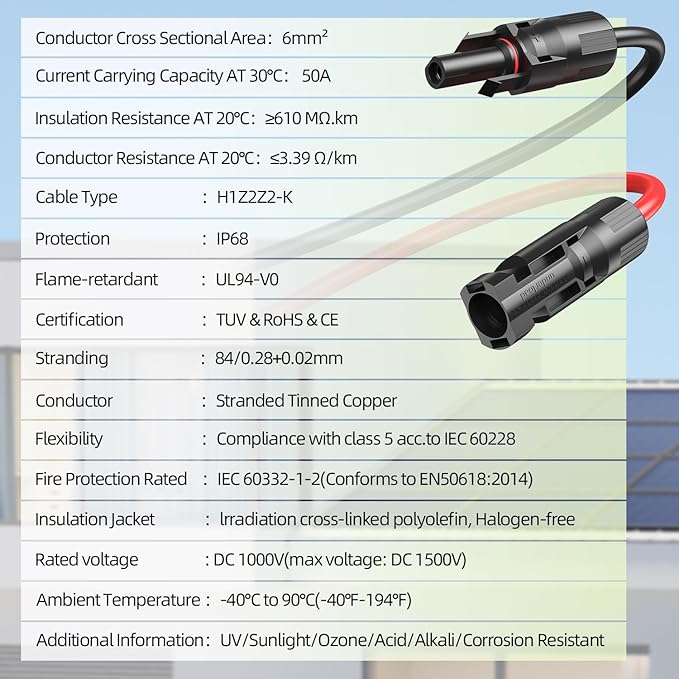 100FT 10AWG Solar Extension Cable 10 Gauge Solar Panel Wire with Waterpproof Female and Male Connectors for Outdoor RV Off-Grid Photovoltaic Systems(Black+Red)