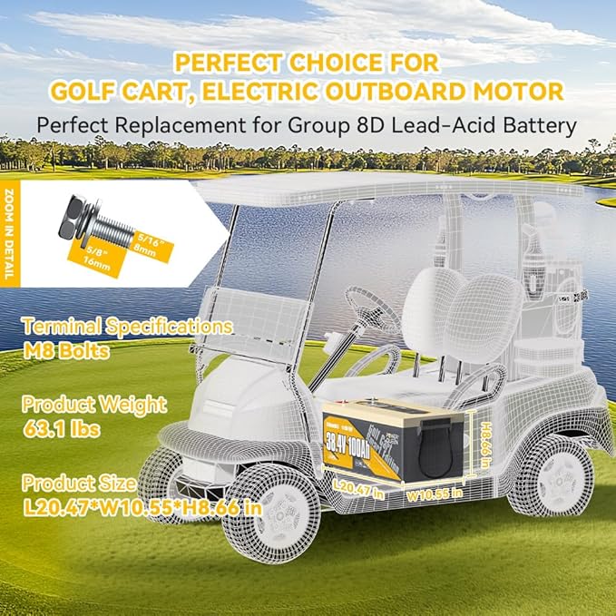 Power Queen LiFePO4 Battery 36V 100Ah Bluetooth Lithium Battery 15000+ Cycles Group 8DLow Temp Protection for 36V-72V Electric Outboard Motors Marine Golf Cart E-Z-GO TXT Off-Grid Home Energy