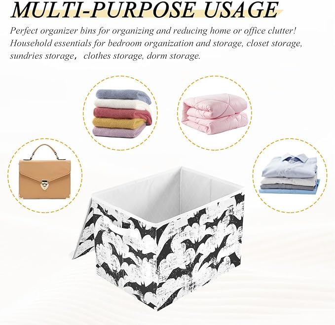 Vintage Bats Silhouettes Storage Cube Bins Basket with Lid Collapsible Flip-top Fabric with Handle for Home Bedroom Closet Office 16.5×12.6×11.8 in