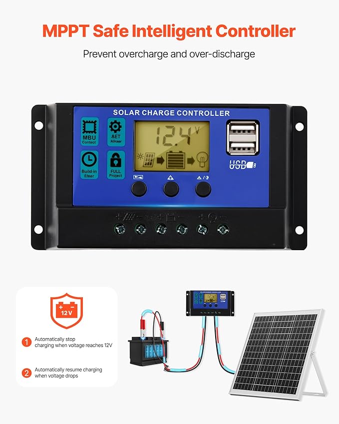 VEVOR 20W 12V Solar Panel Battery Charger Solar Battery Trickle Charger Maintainer with Intelligent MPPT Controller &amp Adjustable Mount Bracket IP67 Waterproof for Car Boat RV Motorcycle Trailer