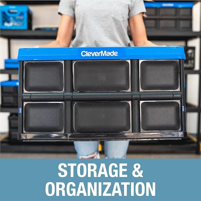 CleverMade Collapsible Storage Bins 62L (3-Pack) – Heavy Duty Collapsible Plastic Storage Bins Large Stackable Folding Storage Bins for Garage Car Grocery &amp Home Organization - Ocean