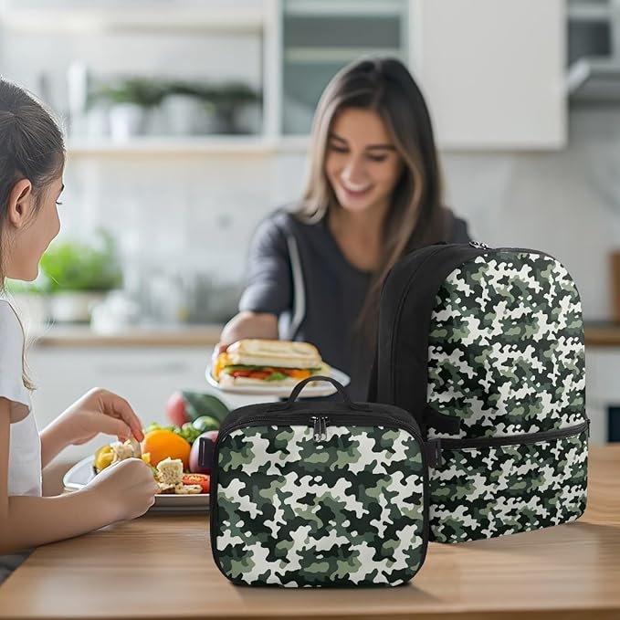 Backpack for Men Green Camouflage School Bag with Lunch Bag Lightweight Bookbag with Detachable Lunchbox for Travel Outdoor Casual Daypack