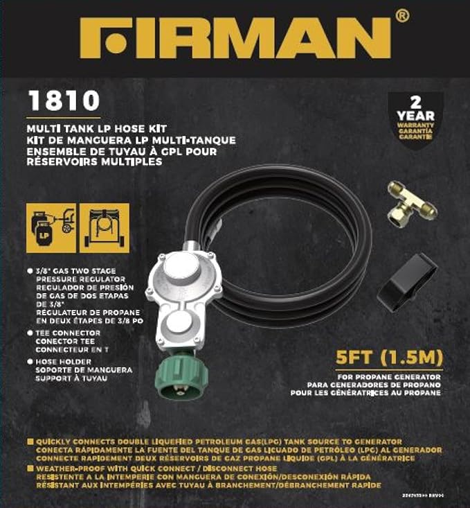 Firman 1810 LPG Tank Hose with 3-Way Fitting Integrated Regulator LP T Splitter &amp Hook and Loop Strap for Dual Fuel &amp Tri-Fuel Generators 5-Foot Hose for Extended Run Time Prevents Tank