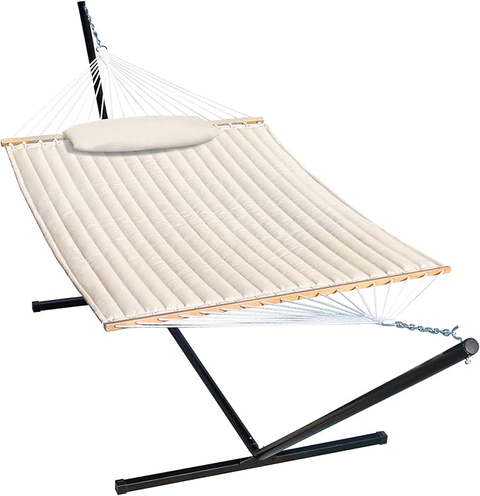 Lazy Daze Hammocks Double Quilted Hammock with Stand for Outside 15 FT Heavy Duty Steel Stand 2 Person Hammock for Porch Patio Garden Backyard Max 450 lbs Capacity Cream