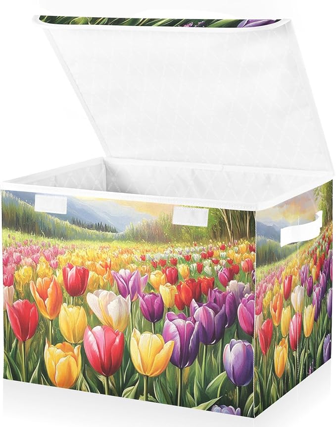 Cartoon Tulips Collapsible Storage Bins with Lids Decorative Fabric Cubes Closet Organizer Basket Boxes Containers for Clothes Box Chest Folding Rectangle