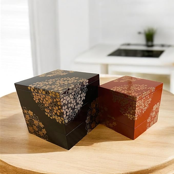 Japanese Jubako Box 3 Tiers Stacking Box with Lid Dishwasher Safe Yamanaka Lacquerware Hand-painted by Craftsmen