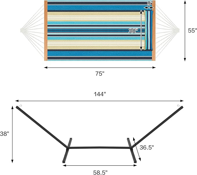Homgava Two Person Hammock with Stand for Outside Heavy Duty Outdoor Patio Hammock with Portable Steel Stand Large Double Hammocks480lbs Capacity.(Middle Blue Stripes)