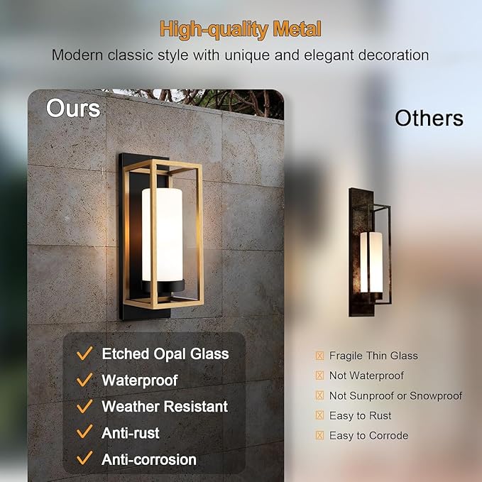 ALVIME Modern Outdoor Wall Lights 2 Pack Brushed Gold &amp Matte Black Exterior Sconce Waterproof Porch Light for House Garage Front Door Living Room Bathroom E26 Base Etched Opal Glass