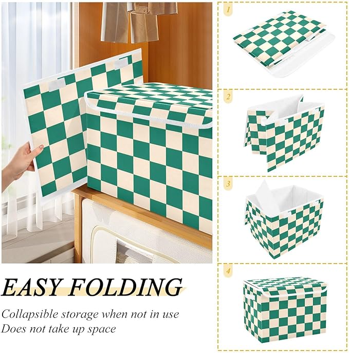 Green Checkerboard Square Grid Storage Box with Lid 1 PC Foldable Storage Bin with Lids Stackable Storage Bins Cube Closet Organizer Basket with Flip-Top Lid &amp Handles for Shoes Books Towels