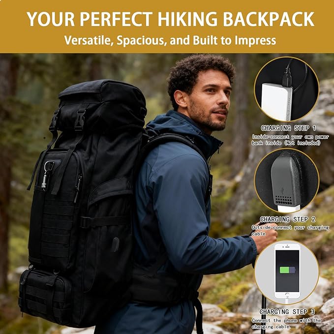 80L Camping Hiking Backpack Large Military Tactical Backpack with USB Charging Port Waterproof Travel Daypack With Carabiner Outdoor MOLLE Rucksack for Men Women (Black)