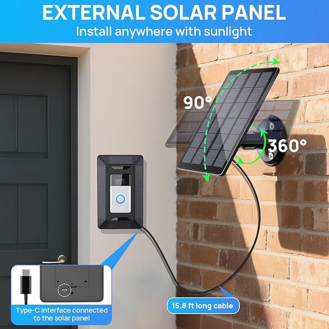 Solar Charger for Ring Doorbell 2-in-1 with Mount Stand Compatible with Ring Battery Doorbell 3/4/3 Plus Ring Battery Doorbell Pro/Plus (2020/2021/2023)