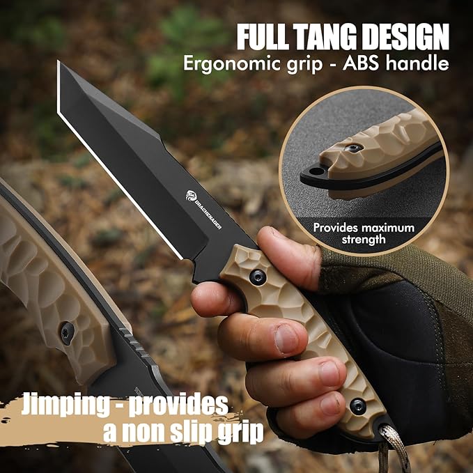 DRACHENADER B-ER-TANTO POINT Fixed Blade Tanto Knife with Sheath 5cr14mov Steel 9.29 Tactical Knife for Men with Full Tang Design Khaki