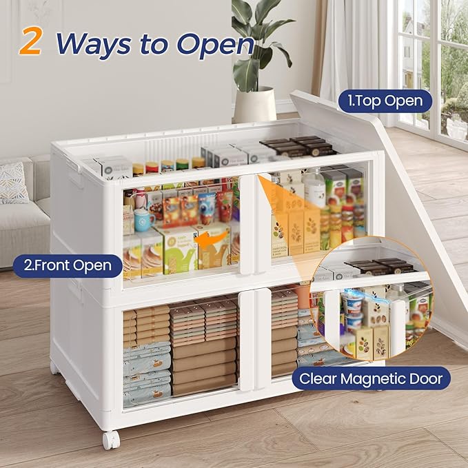 150Gal/600QT 3-Tier Stackable Collapsible Storage Bins Extra Large Closet Organizers with Lid &amp Wheels &amp Doors Foldable Plastic Cabinet Container for Clothes Snack Craft Organizing White