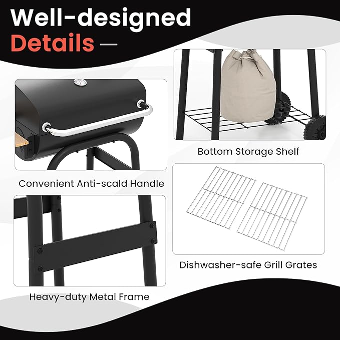 Happygrill Barrel Charcoal Grill Outdoor BBQ Smoker Grill w/Foldable Side Table Built-in Thermometer Storage Shelf Adjustable Air Vent Portable Barbecue Grills w/Wheels for Camping &amp Picnic