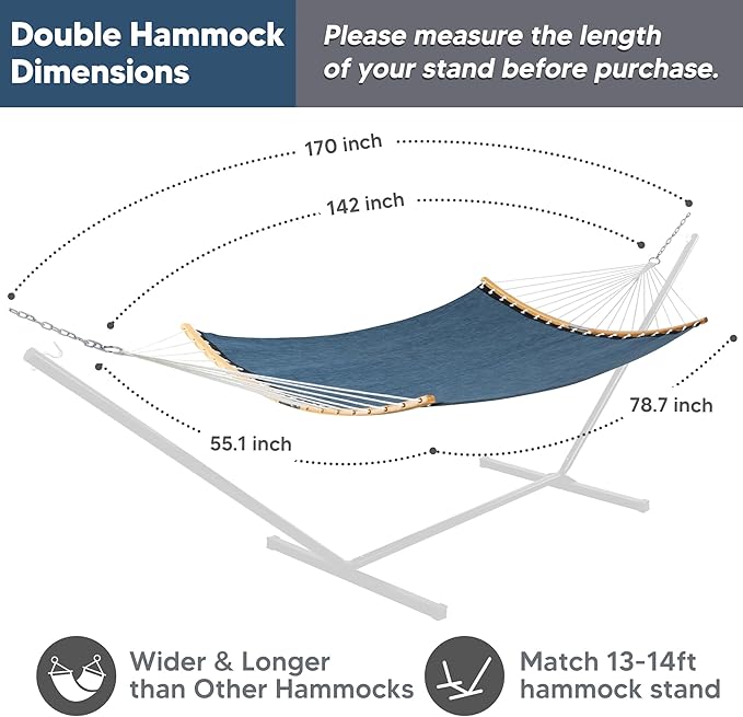SUNCREAT Hammocks Two Person Tree Hammock Heavy Duty Curved Bar Hammock for Poolside Garden Backyard Patio 450lbs Capacity Navy