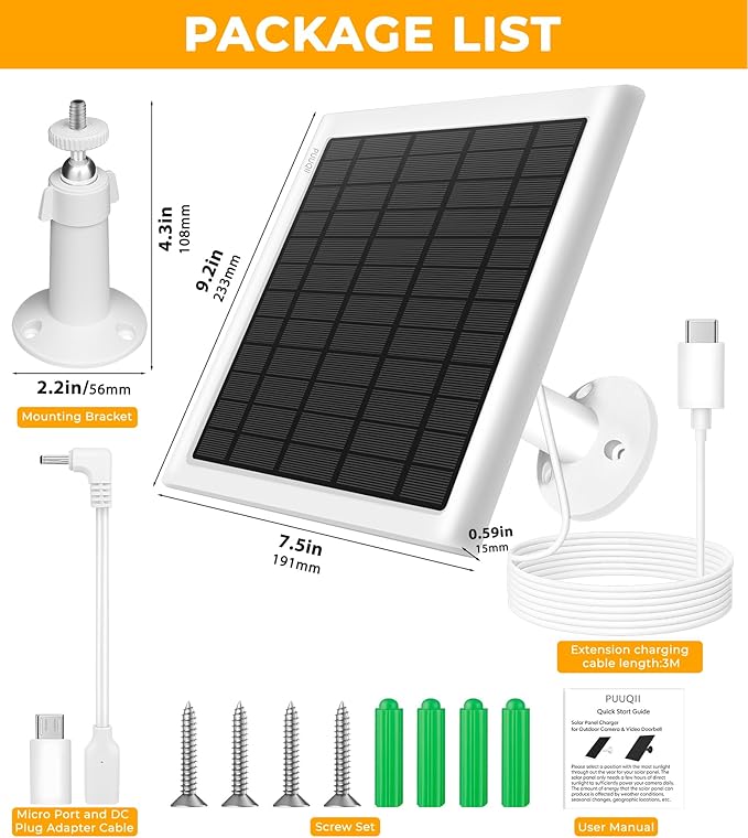 8W Solar Panel for Ring Camera Solar Panel Charger Compatible with Ring Stick Up Cam/Pro Battery Spotlight Cam/Pro/Plus Battery Includes Barrel Plug to USB-C Adapter IP65 Waterproof 10ft Cable