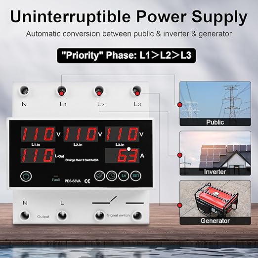 One-Click Setup Automatic Transfer Switch with Priority Phase L1＞L2＞L3 4P 63A 110V 40/50/60/70Hz ATS Electrical Selector Switch Generator Changeover Switch V/A Protector Din Rail Mount
