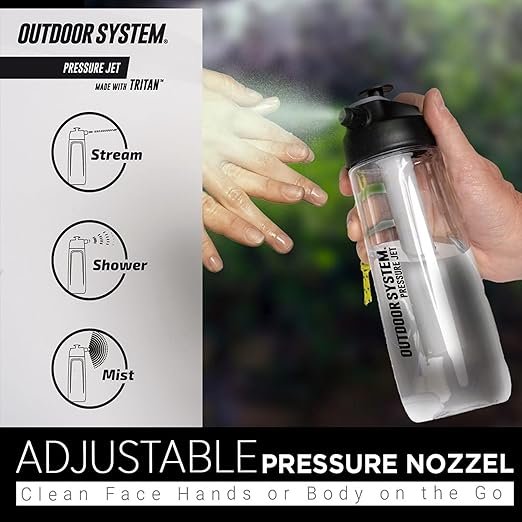 Outdoor System Pressure Jet Spray Bottle 700ml 24oz Portable Personal Water Bottle Spray Mister w/Jet Shower or Mist Settings Hand Body Wash Camp Shower Face Mister Beach Gym Camping Boating